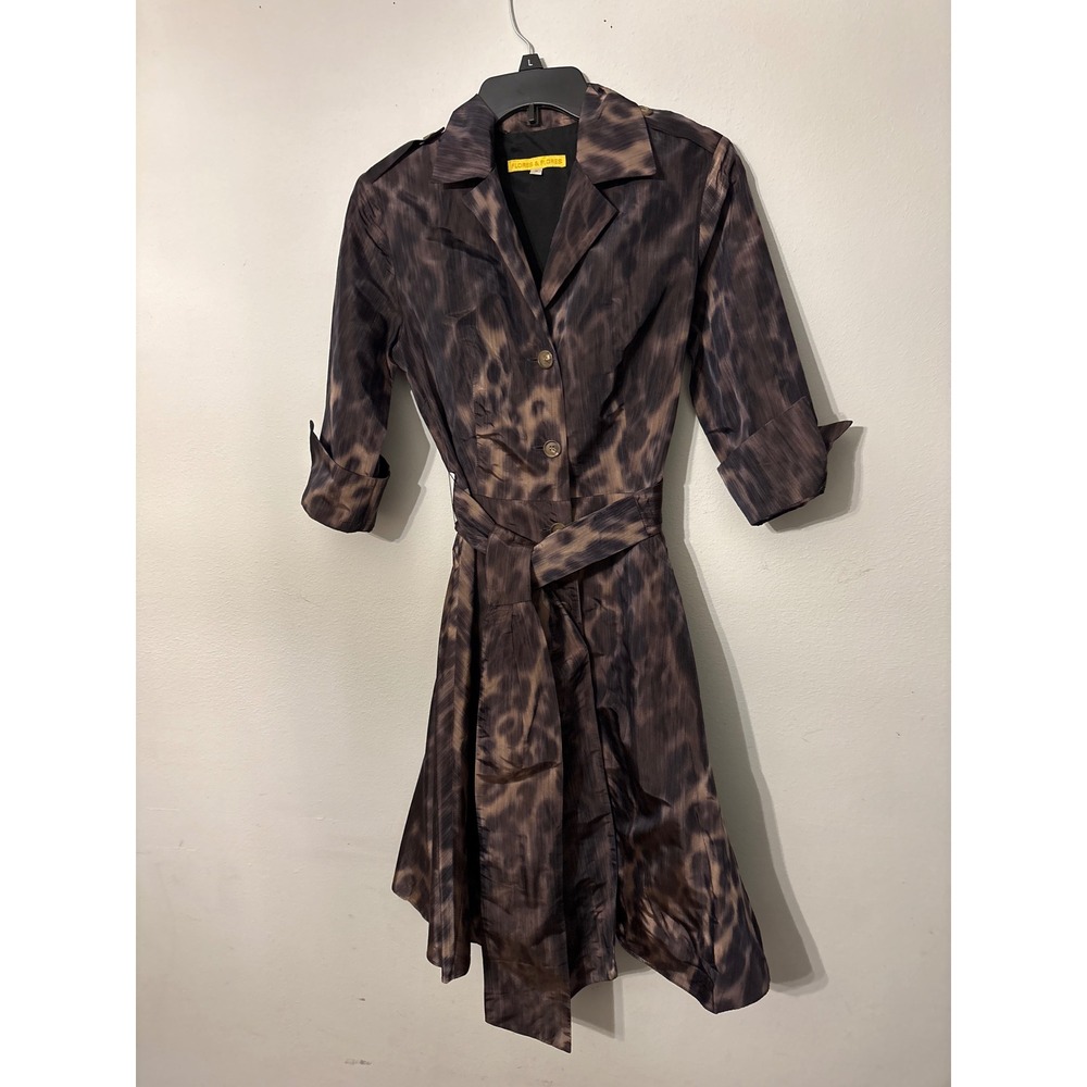 Flores & Flores Trench Dress Womens 6 Brown Excellent Leopard Print Belted Midi